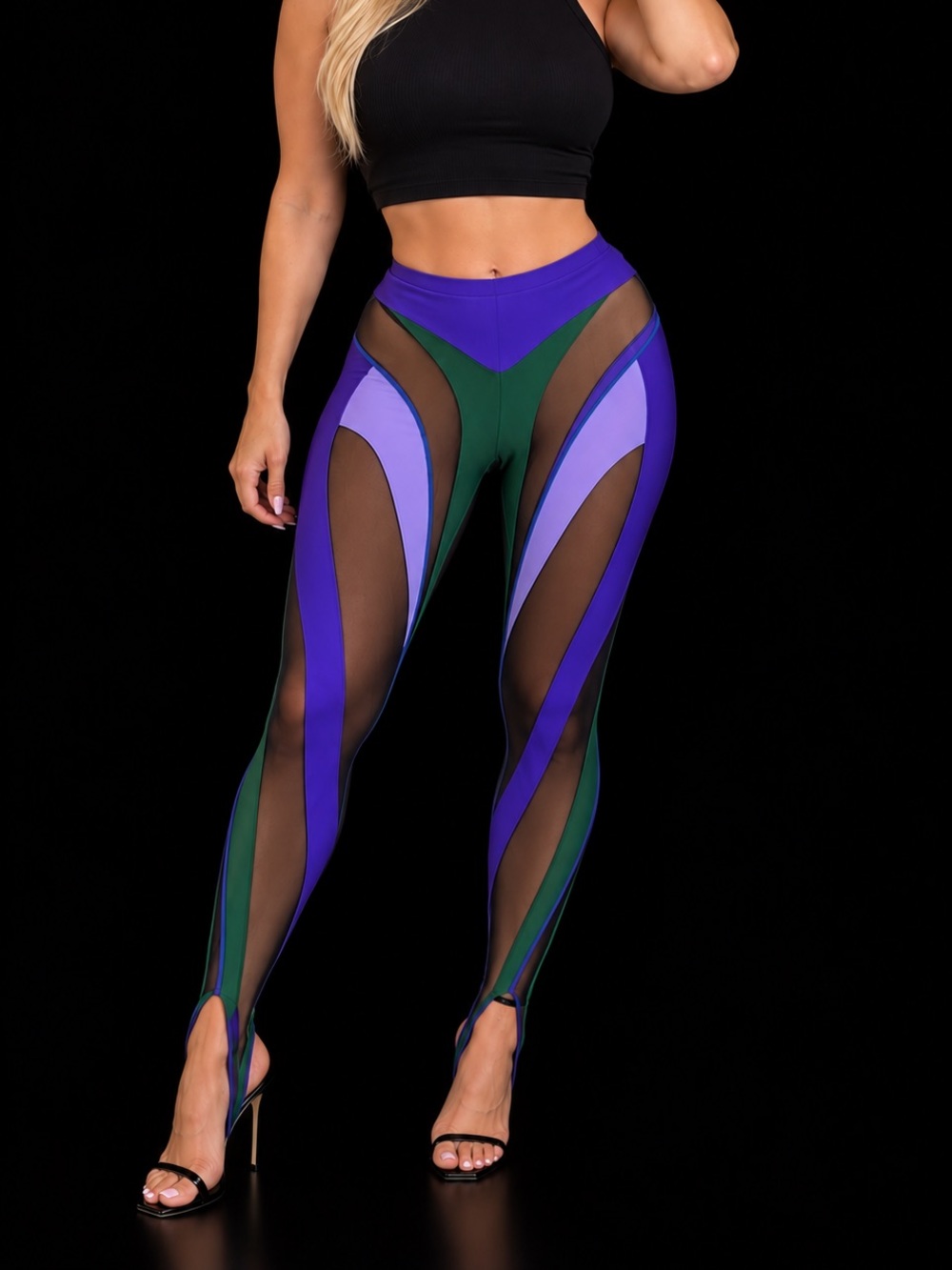 Mugler leggings. High-Waist Colorblock Mesh Leggings - Purple & Green